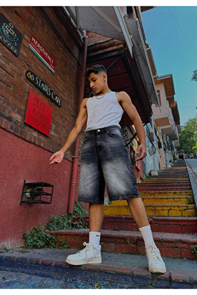 LUCHA Yıkamalı Denim Uzun Baggy Şort