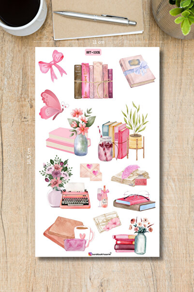 Burak Baskı Tasarım Vintage Pink Objects Sticker Sheet - Planner, Bullet Jour...