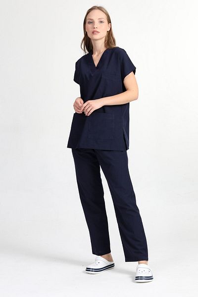 BAŞAK Navy Blue Unisex Bat Sleeve Nurse and Doctor Set - Βαμβακερή και Lycra Λεπτομερής Στολή Νοσοκομείου