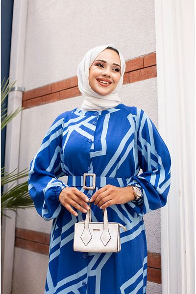 Sfg Life Moda Hijab Clothing - Women's Viscose Dress with Bicycle Collar, Buttons and Skirt Shirred, Stylish Belt