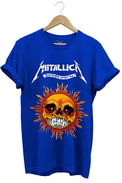 WİDİ Metallica Sun Poster Štampano Regular Fit 100% pamuk Plava T-shirt