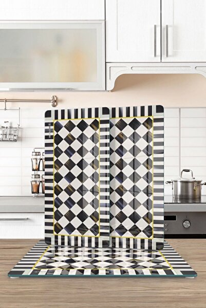 Decovetro MacKenzie 3-Piece Square Set - Glass Presentation Service, Black and White Checkered