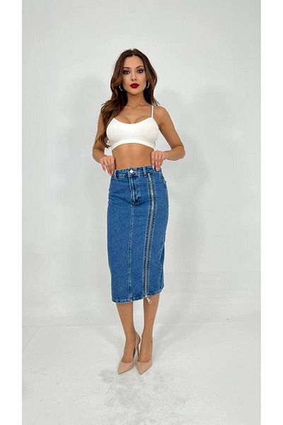 MONETA ANİTA Zippered Slit Midi Jean Skirt