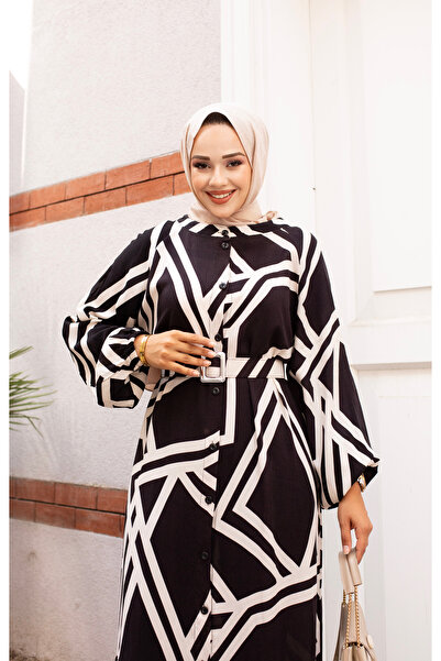 Sfg Life Moda Hijab Clothing - Women's Viscose Dress with Bicycle Collar, Buttons and Skirt Shirred, Stylish Belt