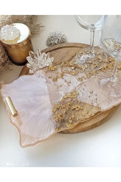 Lemur Sineklik Gold Leaf Rectangular Wavy Patterned Promise Engagement Groom Epoxy Presentation Tray for Two
