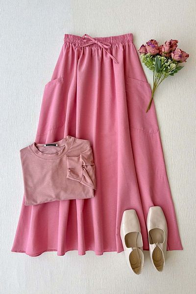 Ceylan Otantik Koton Pink Skirt and Dusty Rose Ahsen Crop Set - Pocketed