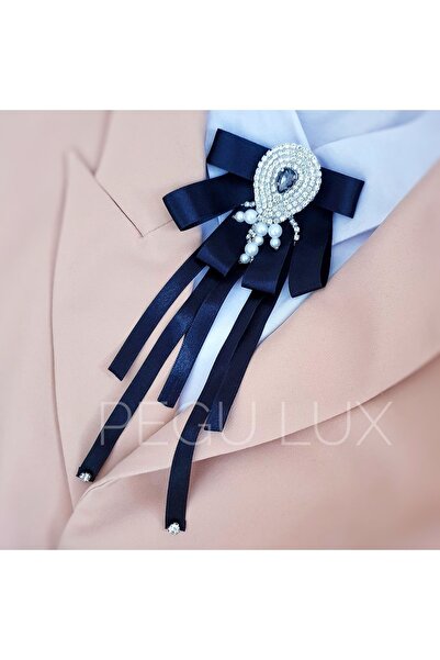 PREMİUM SERIES BLACK SATIN LARGE STONE AND PEARL,RIBBON ,BROOCH,LAPEL PIN,ACCESSORY GIFT