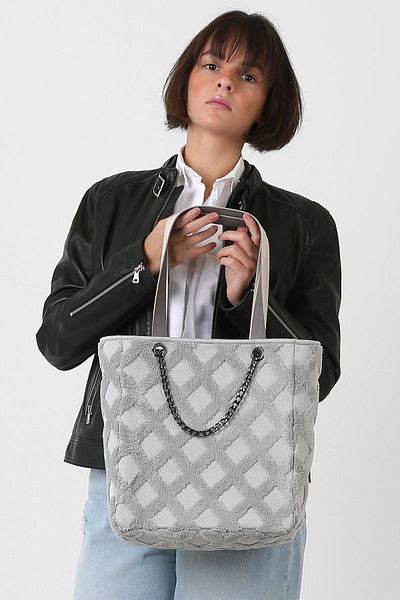 HAMUR Geantă de mână și de umăr din țesătură pentru femei, din tweed, cu blană gri, geantă de mână din pluș