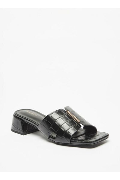 Flora Bella by Shoexpress Textured Slip-On Sandals with Metal Accent and Block Heels