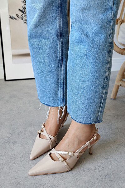 POLKA STORE Obsession Double Pointed Toe Two-Strapped Buckle Beige Nude Skin Ecru Patent Leather Heeled Women's Shoes