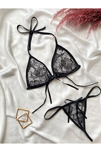Maly Love Set sutien și chiloți din dantelă neagră pentru femei, cu detalii b...