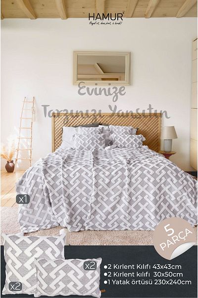 HAMUR Scandinavian Bedspread Set Double Set Bohemian Punch Ponch Pattern Elda Gray