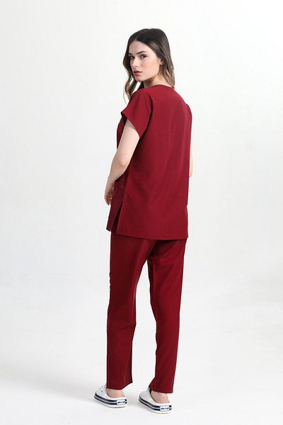 BAŞAK Unisex Claret Red Cotton Lycra Nurse and Doctor Jersey Set - Bat Sleeve Hospital Uniform