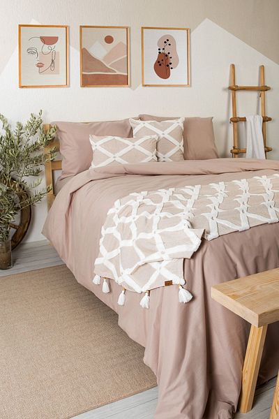 HAMUR Bed Runner Throw Pillow Set Bohemian Punch Ponch Pattern Bedspread Bella Beige