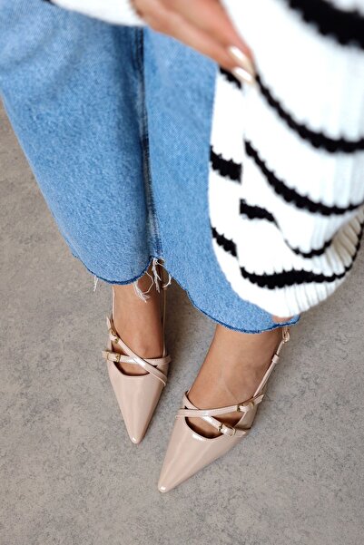 POLKA STORE Obsession Double Pointed Toe Two-Strapped Buckle Beige Nude Skin Ecru Patent Leather Heeled Women's Shoes