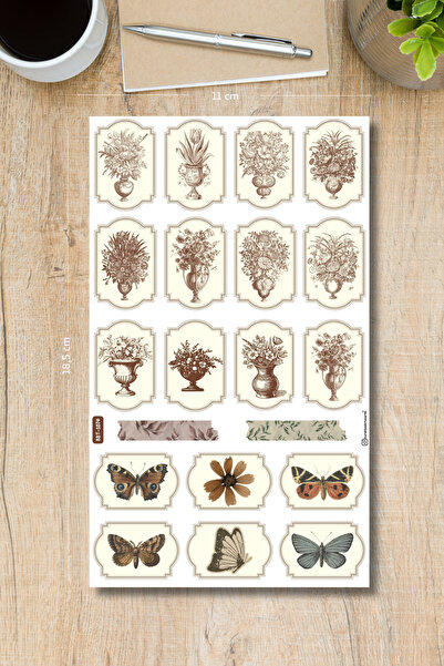 Burak Baskı Tasarım Vintage Flowers in the Vase Sticker - for Planner, Bullet...