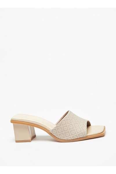 Flora Bella by Shoexpress All-Over Logo Print Slip-On Sandals with Block Heels