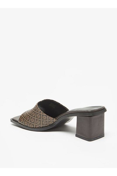 Flora Bella by Shoexpress All-Over Logo Print Slip-On Sandals with Block Heels