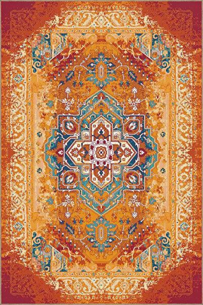 Rugs Modern Halı Orange Traditional Patterned Woven Base Carpet and Washable ...