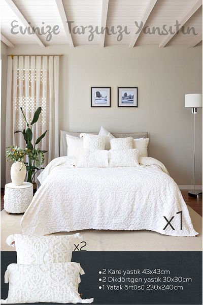 HAMUR Ecru Color Double Scandinavian Bedspread Set - Bohemian Punch Punch Pattern Motif