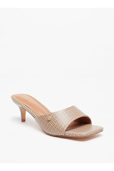 Flora Bella by Shoexpress Monogram Print Slip-On Sandals with Kitten Heels
