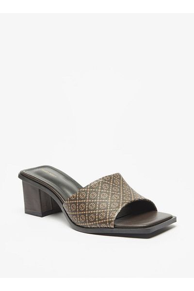 Flora Bella by Shoexpress All-Over Logo Print Slip-On Sandals with Block Heels