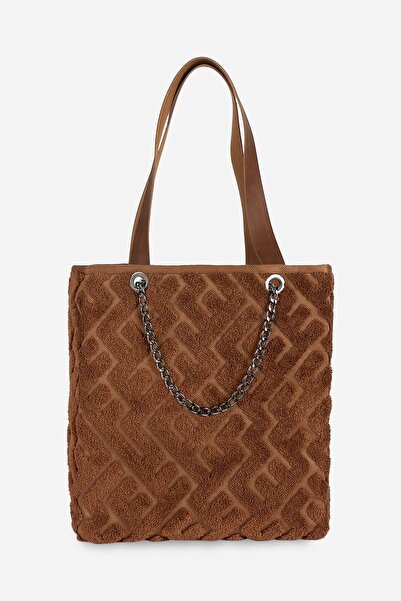 HAMUR Women's Fabric Hand and Shoulder Bag Maze Tan Fur Plush Knitted Handbag