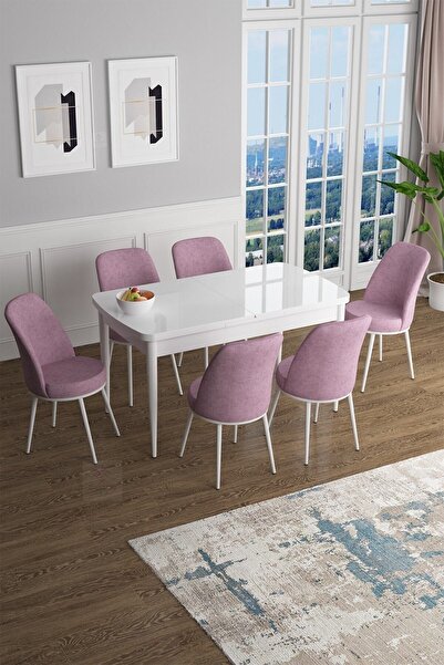 Canisa Han Serisi, Beyaz 70x114 Açılabilir Mdf Yemek Odası Takımı, 6 Pembe Sa...