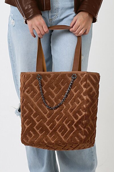 HAMUR Women's Fabric Hand and Shoulder Bag Maze Tan Fur Plush Knitted Handbag