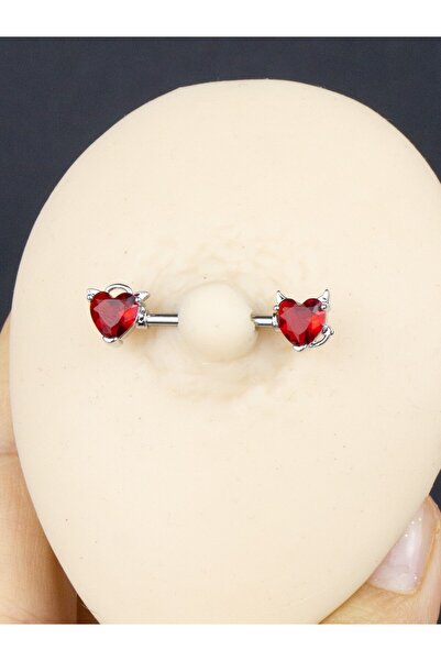 MORNEVA Kırmızı Melek Şeytan Kalp Çelik Meme Ucu Nipple Piercingi 1.6mm Bar 1 Adet