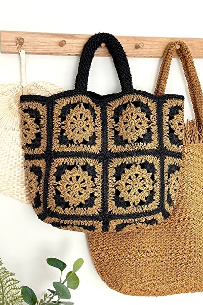 BECCASTYLE Çiçekli Motifli Çanta, Örgü Hasır Çanta, Hasır Plaj Çantası Örgü P...