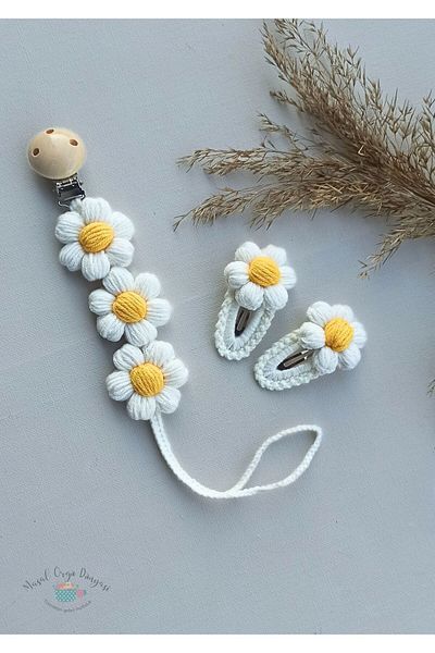 Masal Örgü Dünyası Puff Daisy Pacifier Chain / Strap & Buckle Set New Collection from Natural Strings