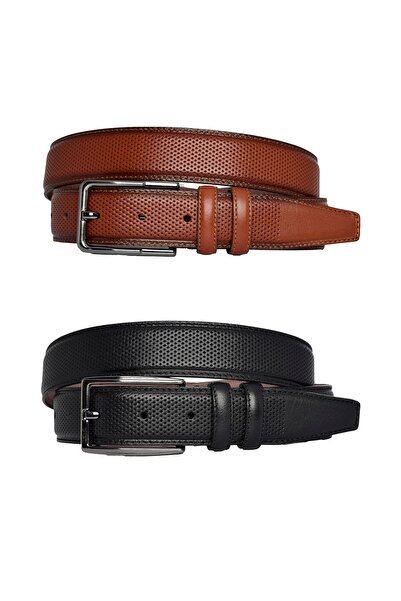 GoDeri 100% Genuine Leather, Set of 2 Black, Red Tan Stitched Dot Printed Fabric PantsBelt 3.5 cm with dots