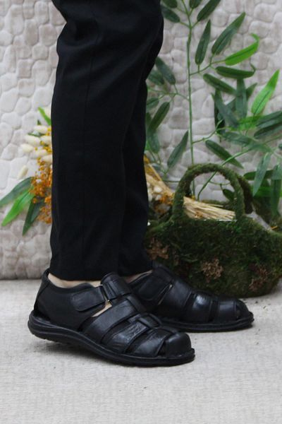 Mehmet Mete Ανδρικά πέδιλα 102 Model Comfort από γνήσιο δέρμα μαύρα