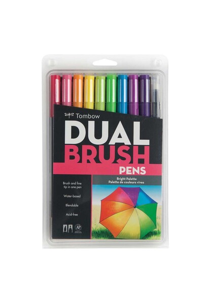 Tombow : AB-T Dual Brush Pen : Grafik Kalem Seti : 10 Renk (Parlak Renkler)