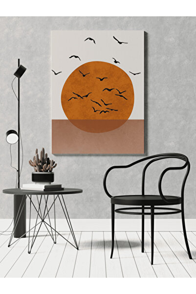RUGSMODERN Kanvas Tablo Turuncu Bej Ton Soyut Güneş ve Kuş Desen