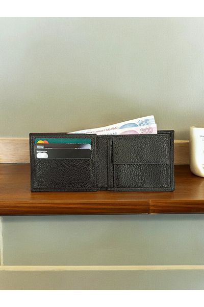 YUKES Black Genuine Leather Men's Wallet - Horizontal with Coin and Money Detail
