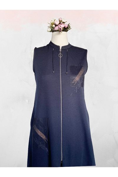 TUSSE Stone Embroidered Elegant Steel Ottoman Fabric Stylish Long Zipper Closure Plus Size Mother Vest