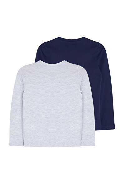TRENDYOLKIDS Navy Blue-Grey Melange 2-balení Unisex Double Basic Pack Crew Neck Bavlněné pletené tričko TKDAW25TS00000