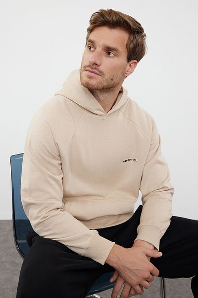 Trendyol Collection Hanorac supradimensionat unisex bej cu glugă - mânecă raglan, slogan TMNAW25SW00156