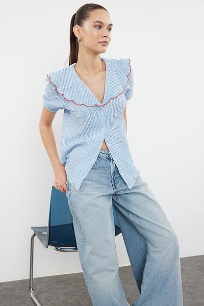 Trendyol Collection Cămașă cu mânecă cu balon în carouri, guler pentru bebeluși - TWOSS24GO00201