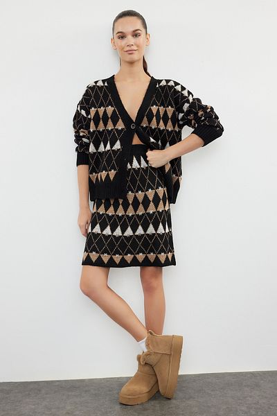 Trendyol Collection Wide Fit Black Knitwear Set - With Self Patterned Skirt TWOAW24AU00055