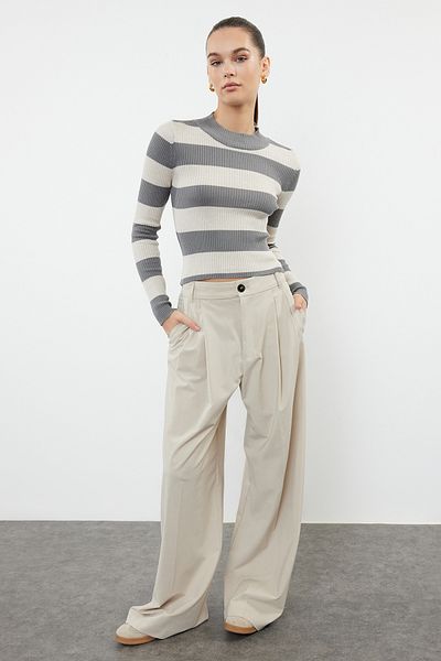 Trendyol Collection Anthracite Color Blocked Cotton Crop Knitwear Sweater - Twoaw20Kz0255