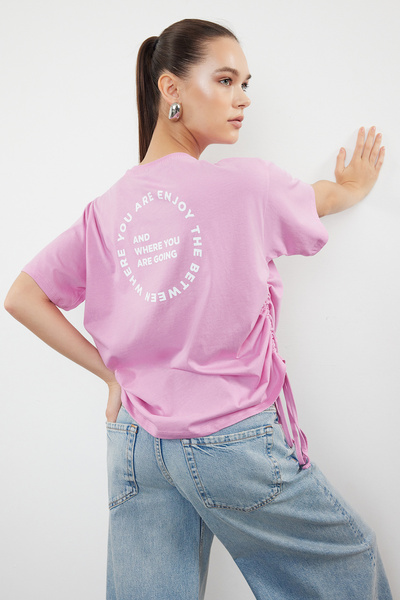 Trendyol Collection Πλεκτό μπλουζάκι Oversize - Ροζ, 100% βαμβάκι, πίσω και μπροστά εμπριμέ TWOSS23TS00150