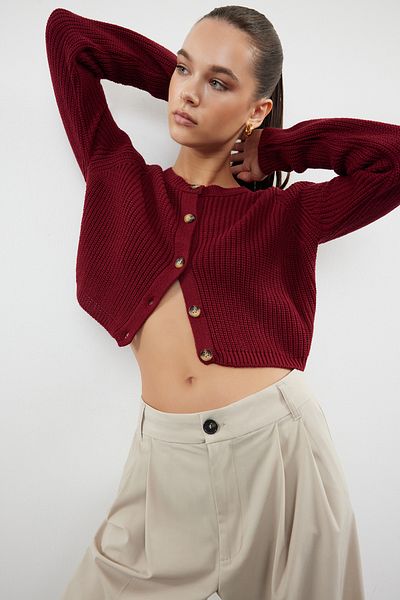 Trendyol Collection Burgunderfarbener Super-Crop-Strick-Cardigan – TWOAW24HI00419