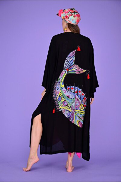 Park Moda 552 Model Fish Patterned Sequin and Pompom Embroidered Kimono