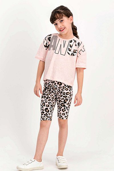 ROLY POLY Girl's Rolypoly Dance Tights - Salmon Leopard Print, Crew Neck