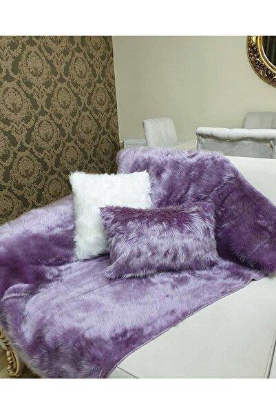 Paris Life Peluş 1 Koltuk Şalı & 2 Kırlent Set - Lila
