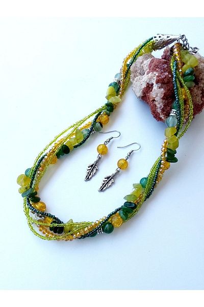 By Song Aksesuar Yellow Multi Natural Stone Necklace Earring Set