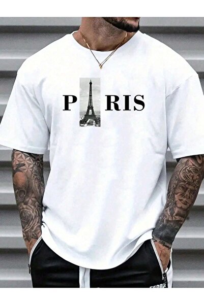 coolart Tricou Paris Picture - Tricou supradimensionat cu imprimeu alb, de va...